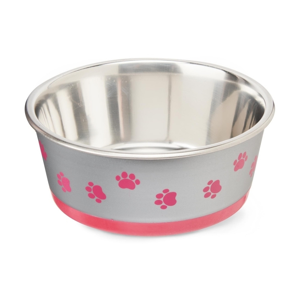 Vibrant Life Large Fuschia Paw Print Stainless Steel Pet Bowl